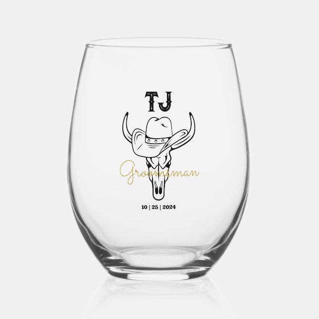 Country Cowboy Personalised Groomsmen Monogram Stemless Wine Glass (Front)