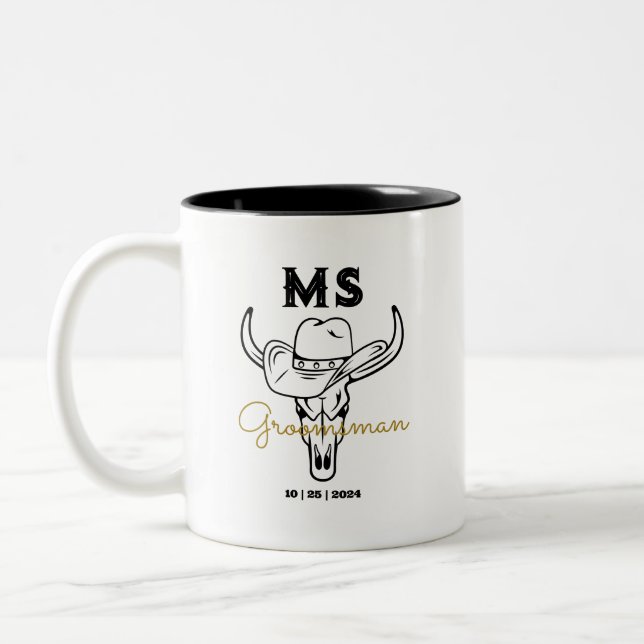 Country Cowboy Personalised Groomsmen Monogram Two-Tone Coffee Mug (Left)