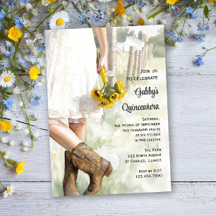 Country Cowgirl Sunflowers Watercolor Quinceañera Invitation
