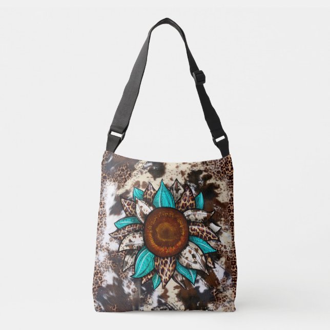 Country cowhide Leopard Print Turquoise Flower Crossbody Bag (Front)