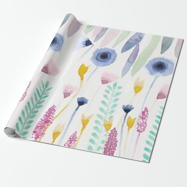 Country Cute Wildflowers Watercolor Art Wrapping Paper (Unrolled)