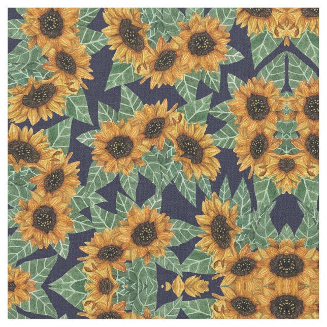 Country Cute Yellow Navy Sunflowers Watercolor Fabric (Close Up)