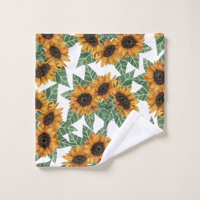 Country Cute Yellow Sunflowers Watercolor Pattern Wash Cloth (Wash Cloth)