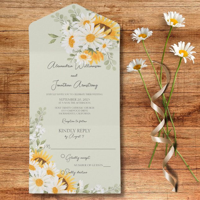 Country Daisies and Sunflowers on Green All In One Invitation (Also available with QR code)