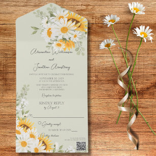 Country Daisies and Sunflowers on Green QR Code All In One Invitation