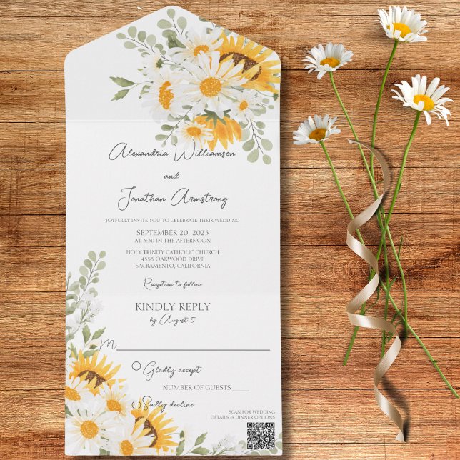 Country Daisies and Sunflowers on White QR Code All In One Invitation (Creator Uploaded)