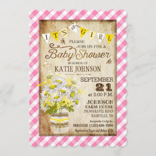 Country Daisies Gingham Check Girl Baby Shower Invitation