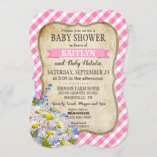 Country Daisies Pink Gingham Check Baby Shower Invitation
