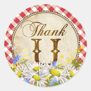 Country Daisies Red Gingham Check Thank You Classic Round Sticker