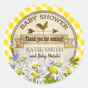 Country Daisies Yellow Gingham Check Baby Shower Classic Round Sticker