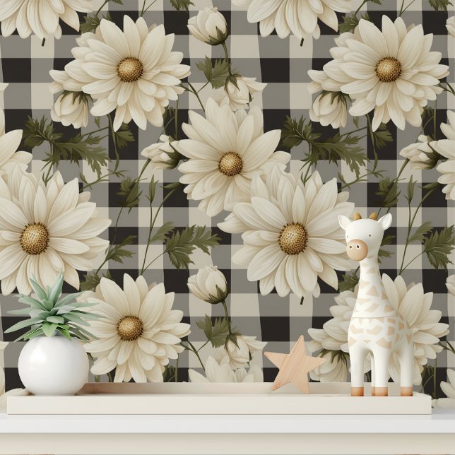 Country Daisy Flowers Grey White Plaid Pattern Wallpaper (Creator Uploaded)