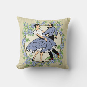 Country Dance Square Dancers Blue w/ Floral Frame Cushion