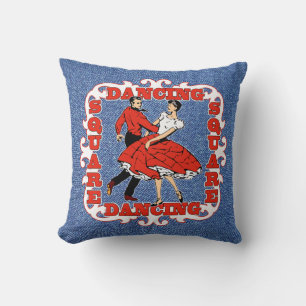 Country Dance Square Dancers In Red Faux Denim Cushion
