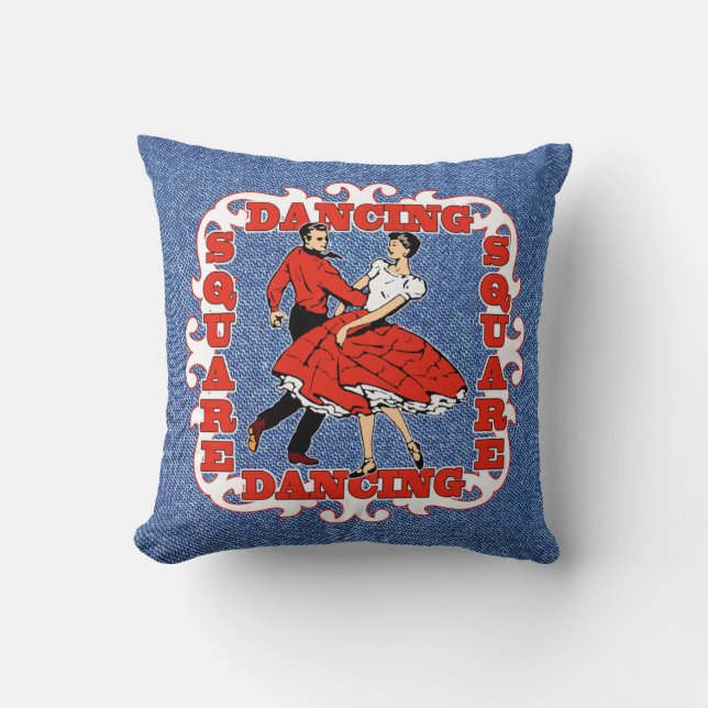Country Dance Square Dancers In Red Faux Denim Cushion (Front)
