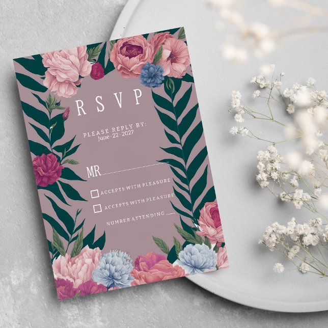 Country dark green mauve pink floral RSVP Invitation (Country dark green mauve pink floral RSVP)