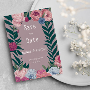 Country dark green mauve pink floral Save the Date Invitation