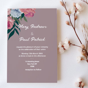 Country dark green pink purple floral Wedding Invitation