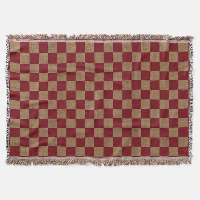 Country Dark Red and Tan Faux Burlap Throw Blanket (Front)