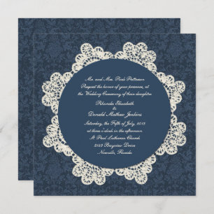 Country Denim Damask & Ivory Lace Wedding Invitation
