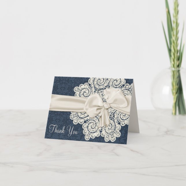 Country Denim & Ivory Lace Wedding Thank You Card (Front)