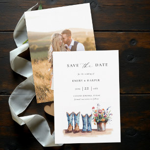 Country Denim Wildflowers Photo Rustic Wedding Save The Date