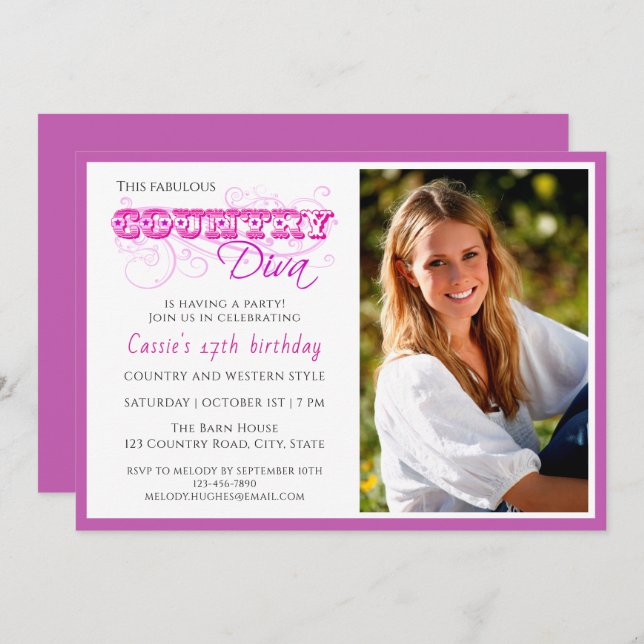 Country Diva Pink Custom Photo Birthday Invitation (Front/Back)