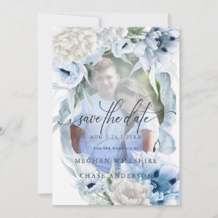 Country Elegant Floral Watercolor Blue Flowers Save The Date