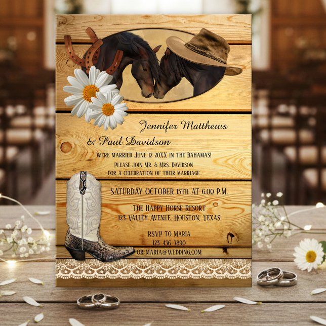 Country Elope or Post Wedding Party Invitation (Post wedding party invitation featuring two horses on rustic wood with horseshoes and cowboy boot)