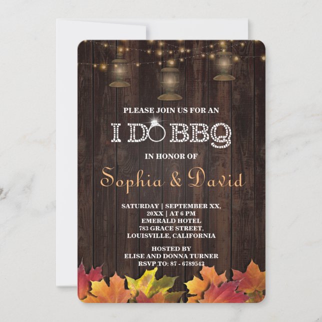 Country Fall Leaves Old Lanterns Wood I DO BBQ Invitation (Front)