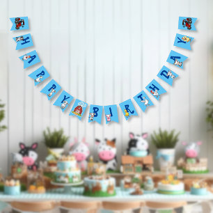 Country Farm Animals Blue Background Birthday Bunting