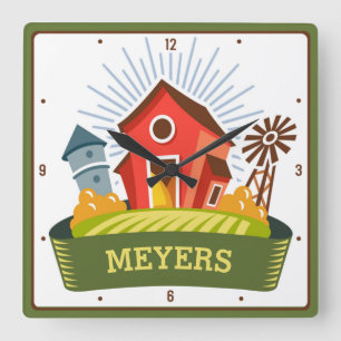 Country Farm Big Red Barn Personalised Ranch Square Wall Clock