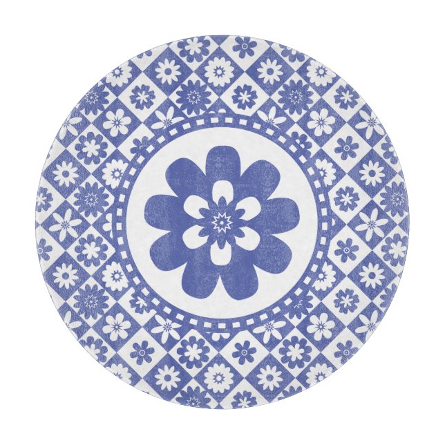 Country Farm Blue and White Check Floral Pattern Cutting Board (Front)