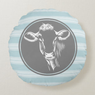 Country Farm Cornflower Blue White Cow Sketch Round Cushion