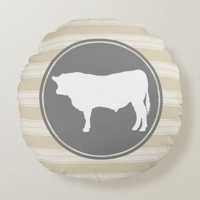 Country Farm Creamy Tan White Bull Silhouette Round Cushion (Front)