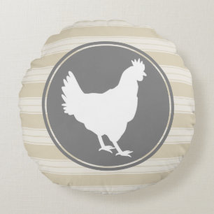 Country Farm Creamy Tan White Hen Silhouette Round Cushion