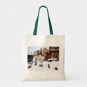 Country farm idyll horse rabbits in snow tote bag