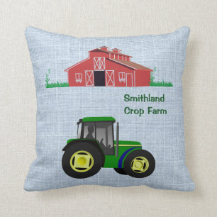Country Farm Red Barn Green Tractor Optional Name Cushion