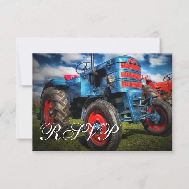 Country Farm Tractor Blue Wedding RSVP Cards (Front)