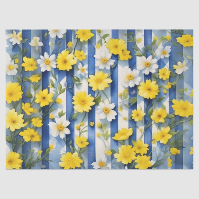 Country Farmhouse Blue, White, and Yellow Flowers Tissue Paper (Front)