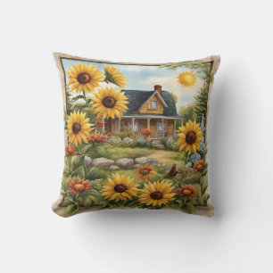 Country Farmhouse Dreamy Golden Sunflowers Cushion
