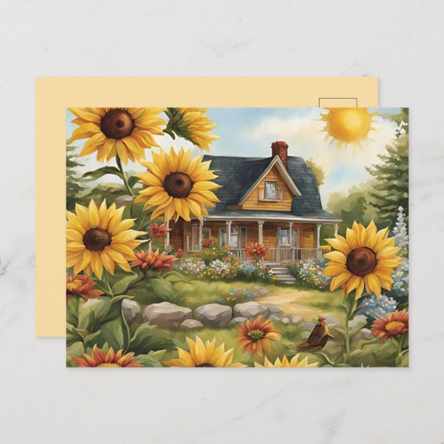 Country Farmhouse Dreamy Golden Sunflowers Postcard (Front/Back)