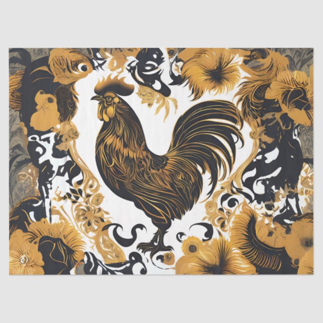 Country Farmhouse Gold and Black Rooster  Tissue Paper (Front)