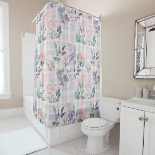 Country Farmhouse Pastel Floral Plaid Shower Curtain