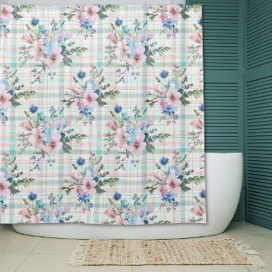 Country Farmhouse Pastel Floral Plaid Shower Curtain