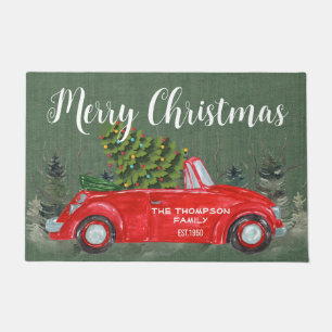Country farmhouse red truck green burlap Christmas Doormat