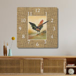 Country Farmhouse Rooster Rustic Burlap Jute Square Wall Clock<br><div class="desc">Farmhouse kitchen rooster clock with a rustic burlap texture background.</div>