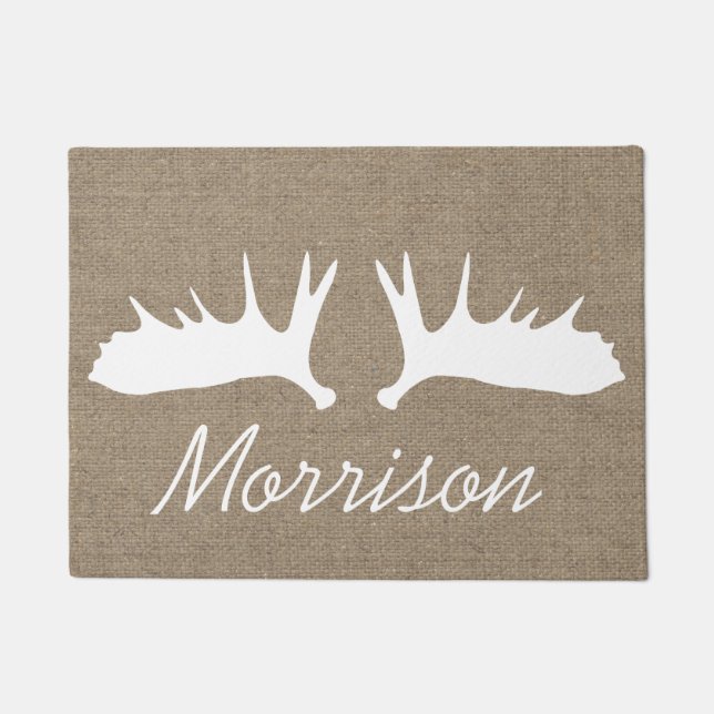 Country Faux Burlap White Moose Antlers Doormat (Front)