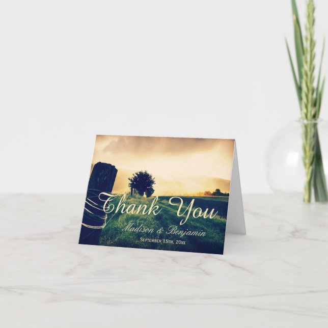 Country Field Fence Post Wedding Thank You Cards (Front)
