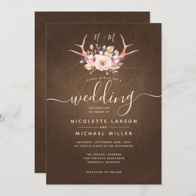 Country Floral and Antler Leather Wedding Invitation (Front/Back)