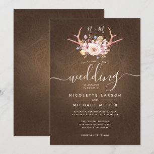 Country Floral and Antler Leather Wedding Invitation